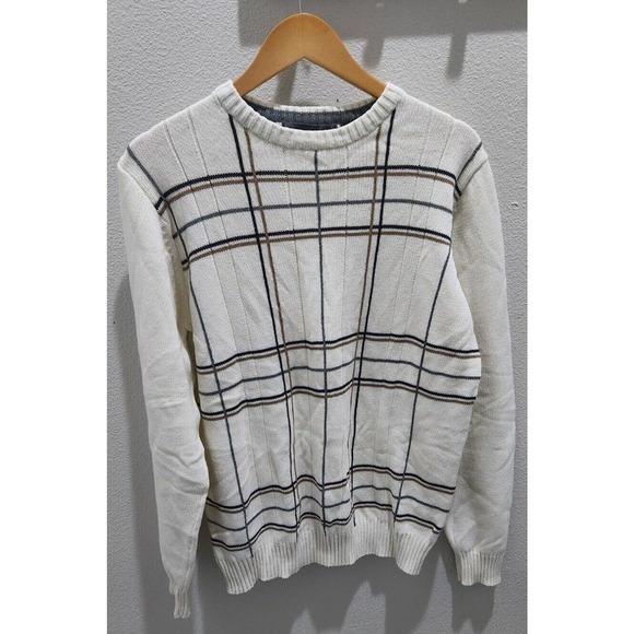 Oscar de la Renta Designer Men's Crew Neck Sweater Cotton Preppy‎ Cream Plaid M - Picture 2 of 9